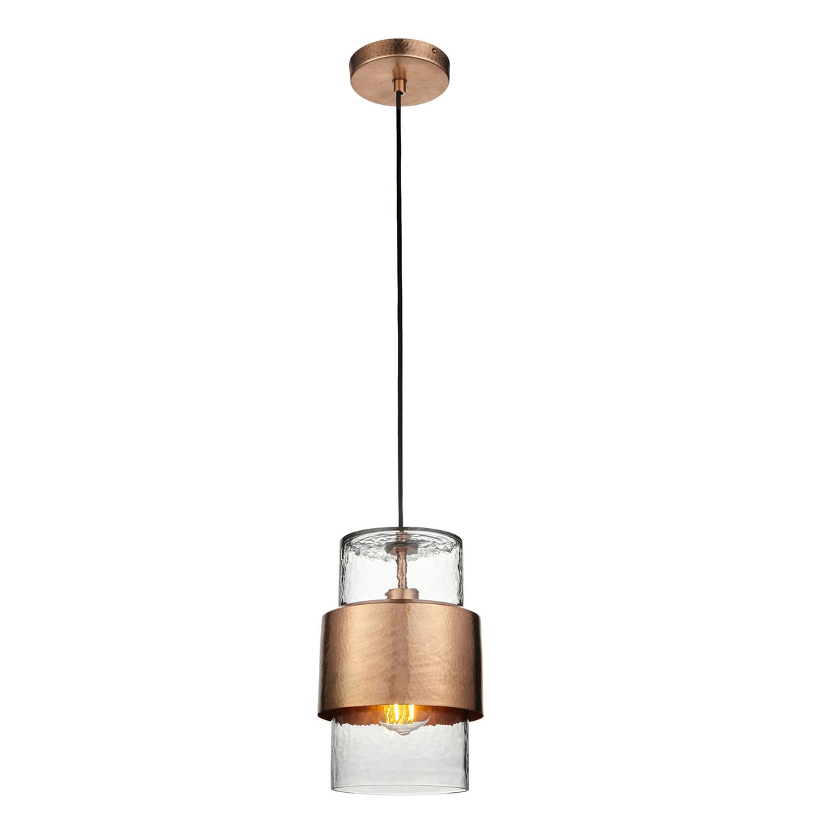 Chiswell Pendant in a Hammered Copper & Clear Textured Glass