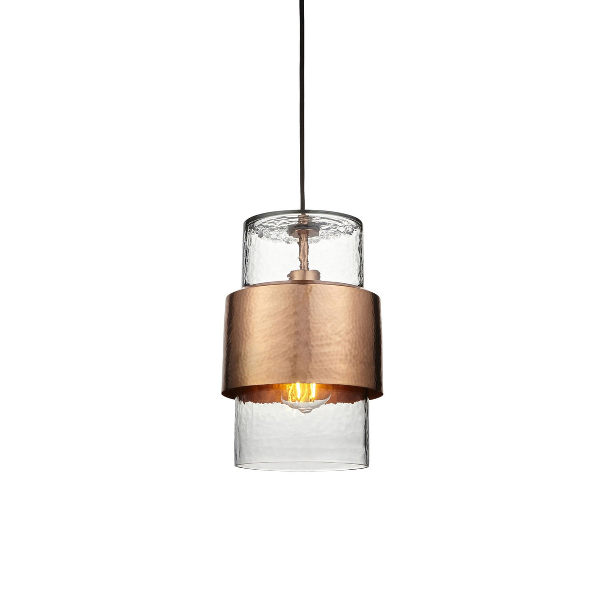 Chiswell Pendant in a Hammered Copper & Clear Textured Glass