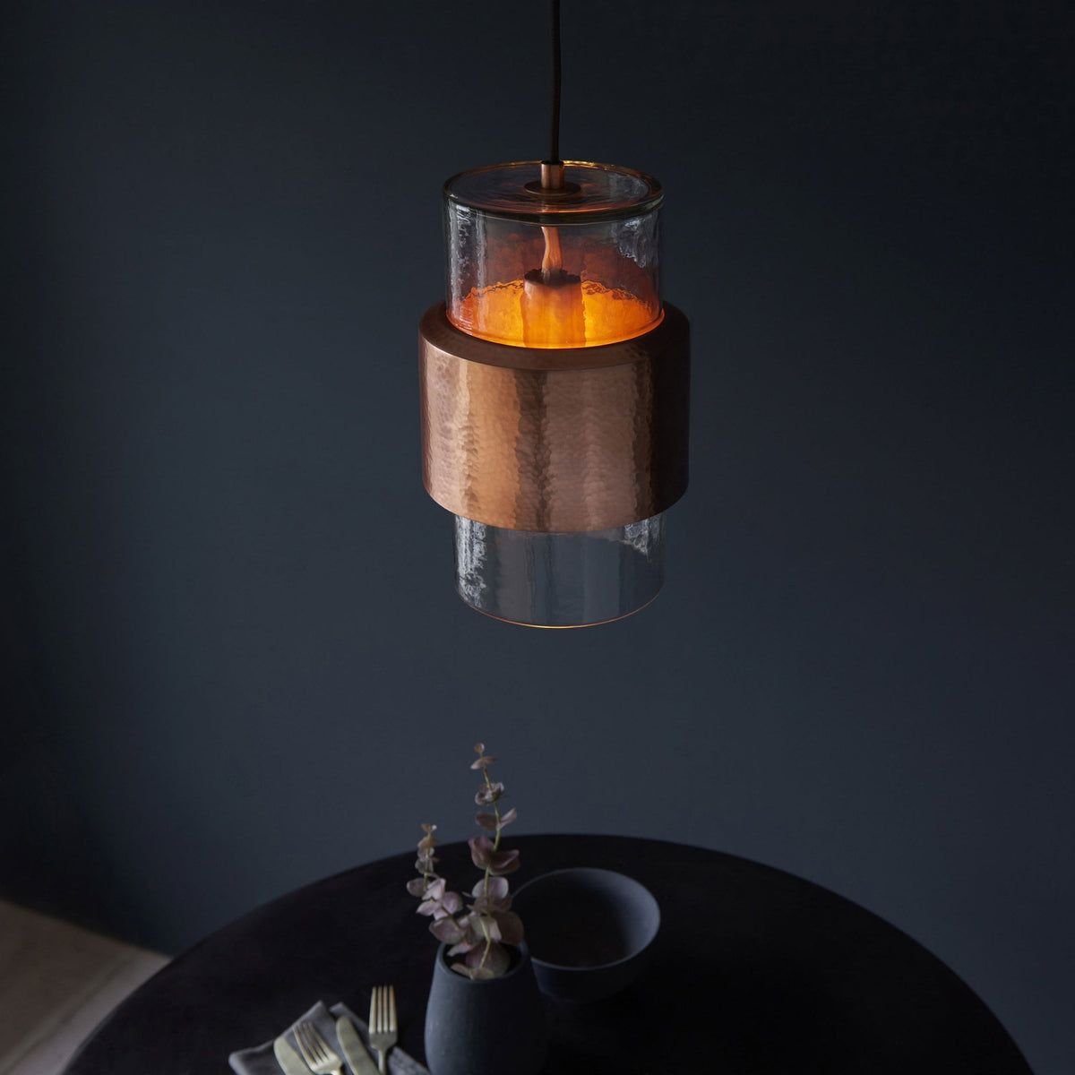 Chiswell Pendant in a Hammered Copper & Clear Textured Glass