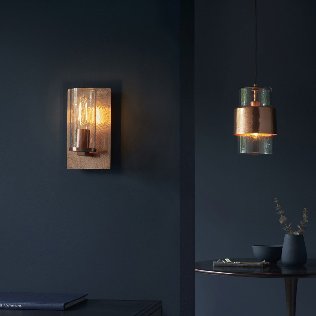 Chiswell Pendant in a Hammered Copper & Clear Textured Glass