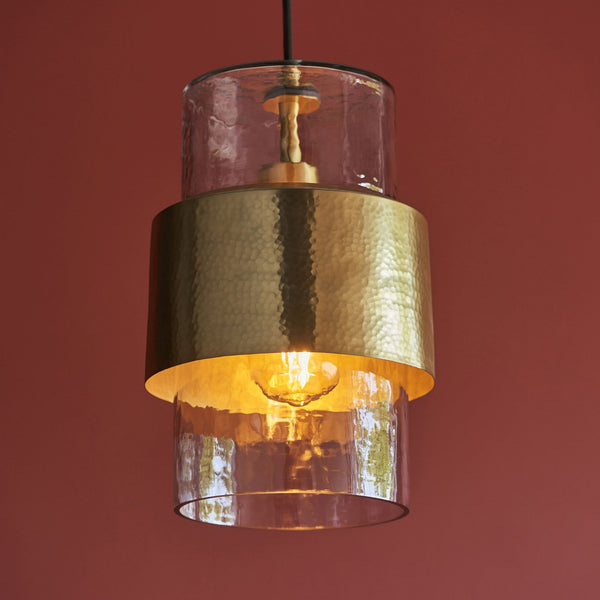 Chiswell Pendant in a Hammered Brass & Clear Textured Glass
