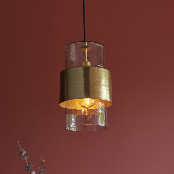 Chiswell Pendant in a Hammered Brass & Clear Textured Glass