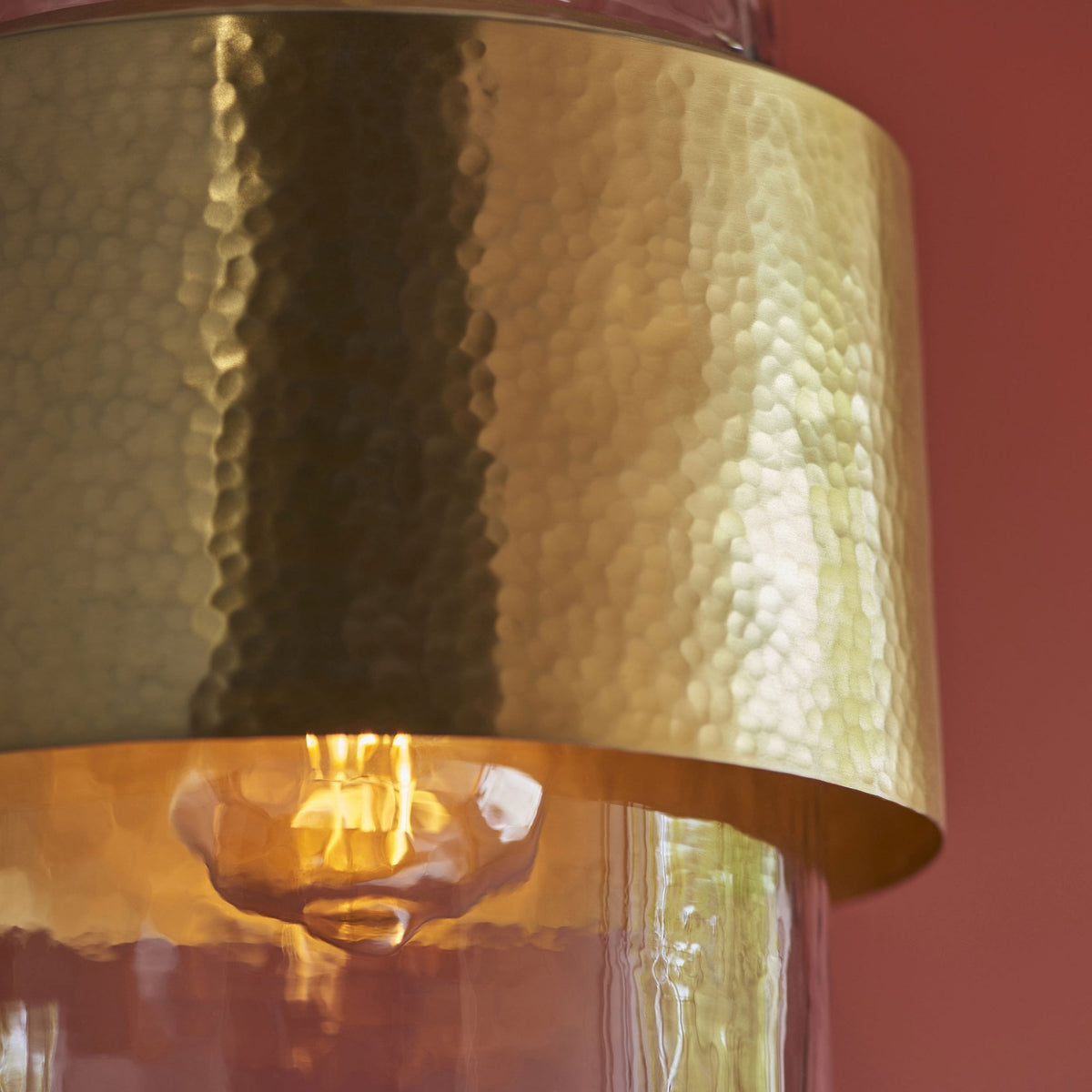 Chiswell Pendant in a Hammered Brass & Clear Textured Glass