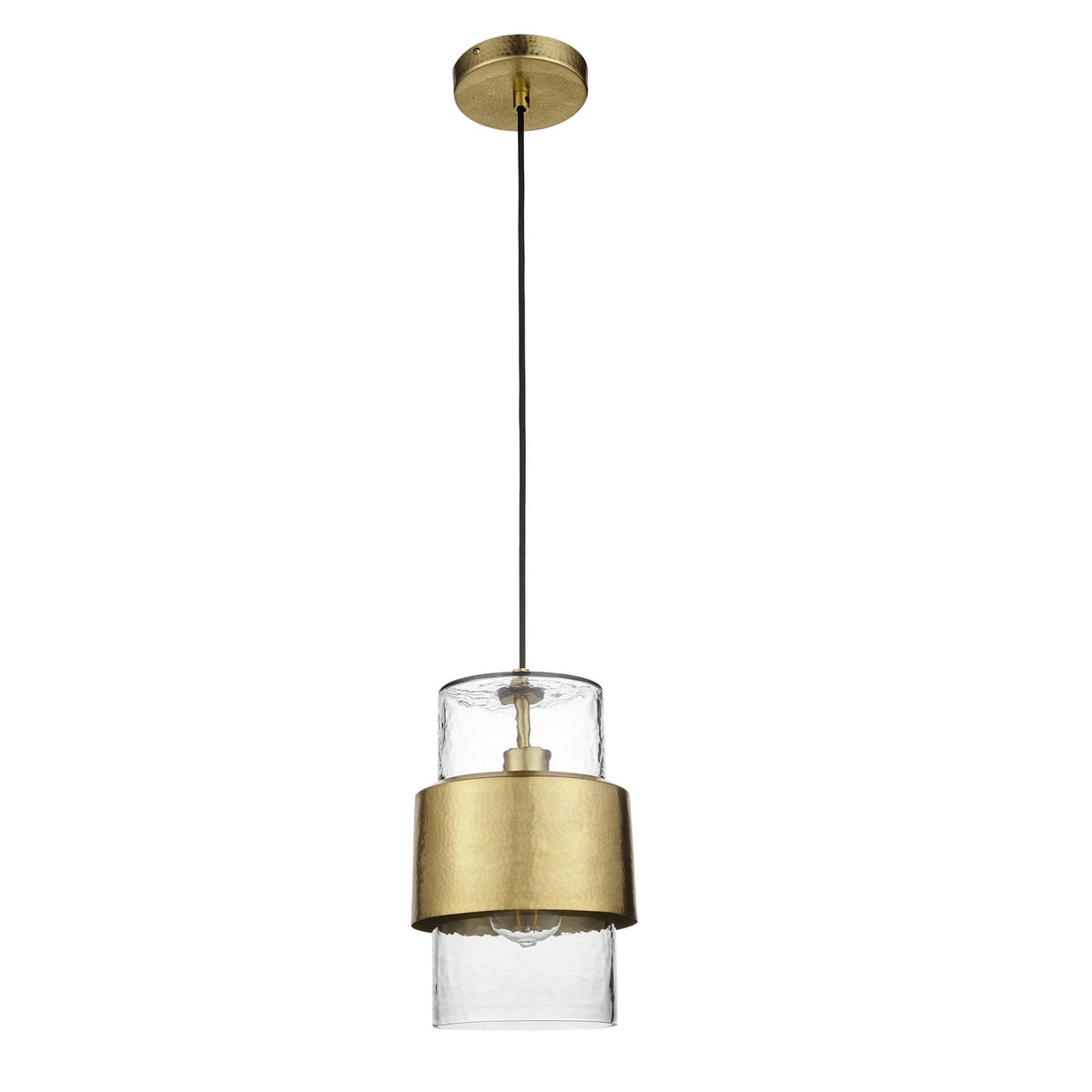 Chiswell Pendant in a Hammered Brass & Clear Textured Glass