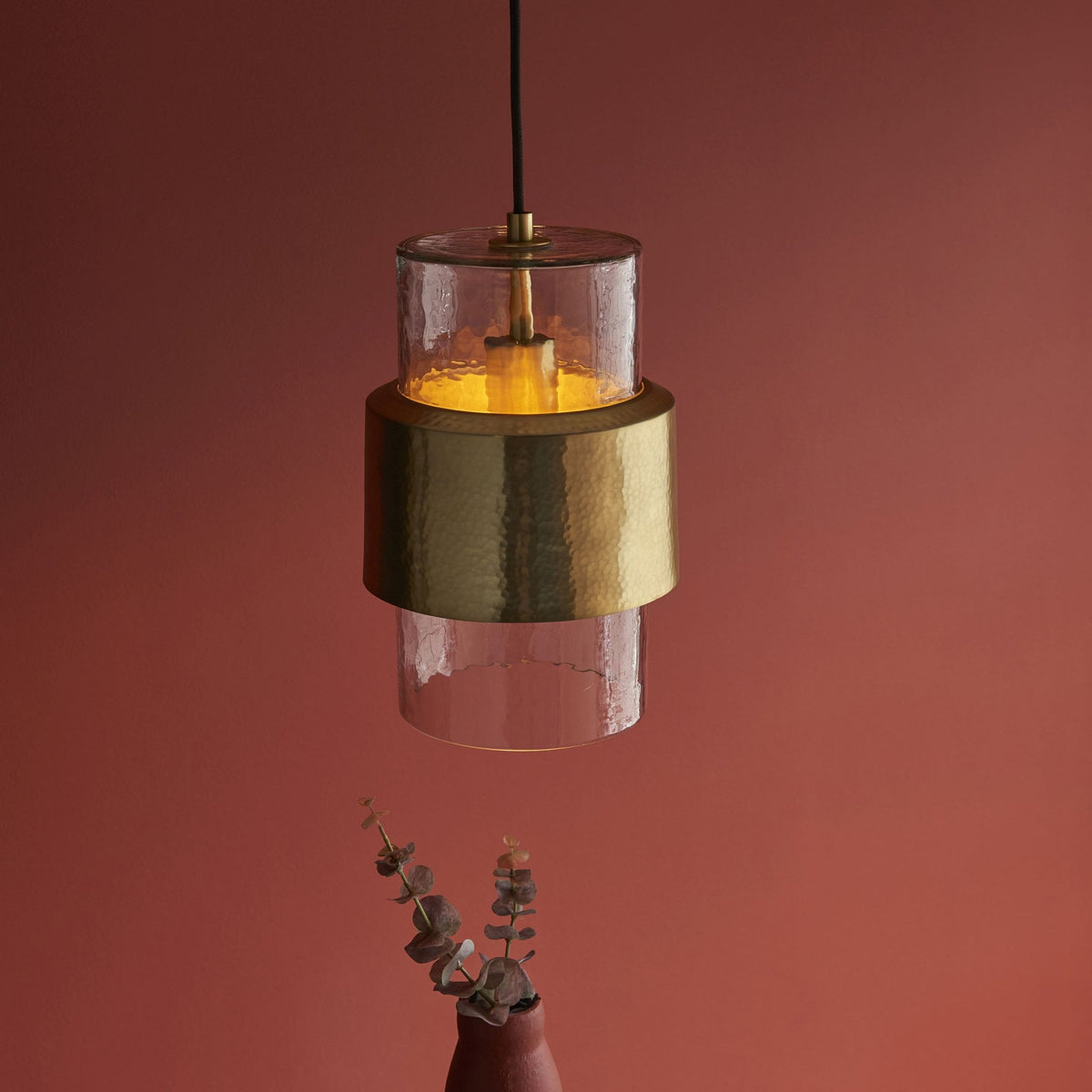 Chiswell Pendant in a Hammered Brass & Clear Textured Glass