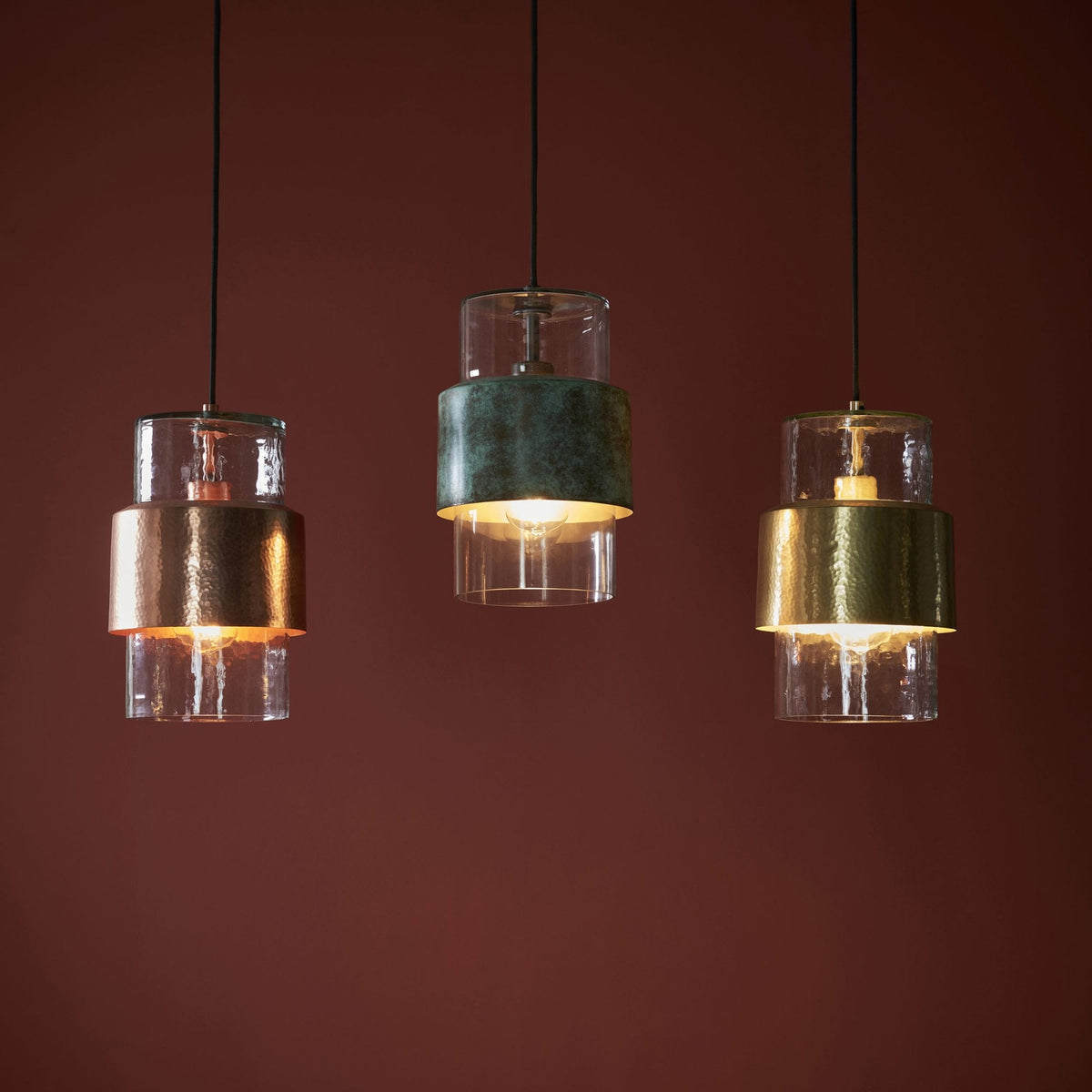 Chiswell Pendant in a Hammered Brass & Clear Textured Glass