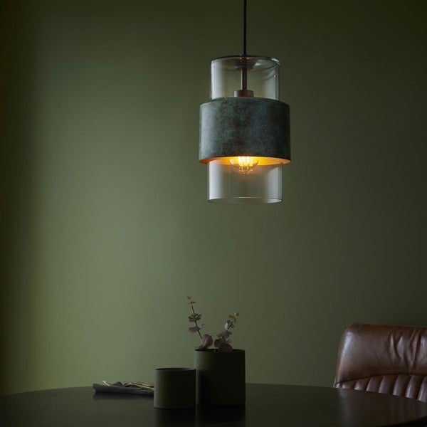 Chiswell Pendant in Verdigris Bronze & Clear Glass