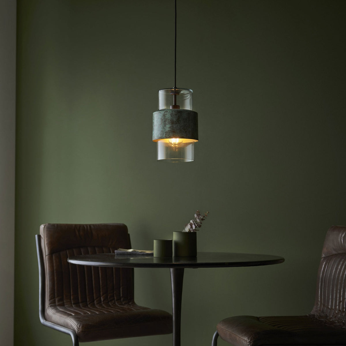 Chiswell Pendant in Verdigris Bronze & Clear Glass