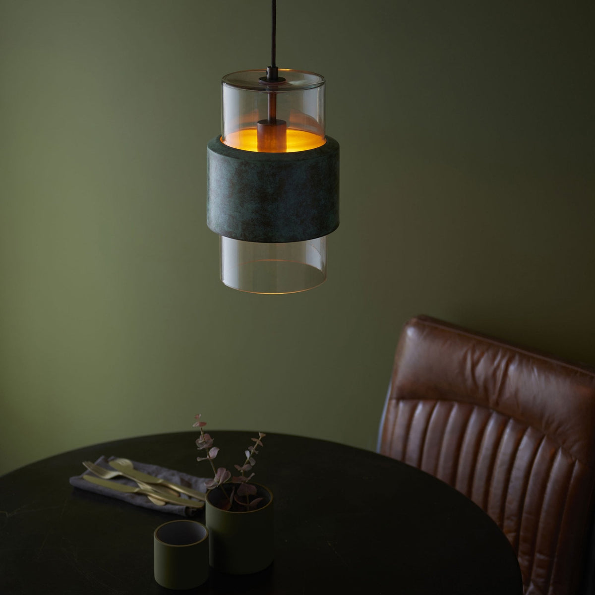Chiswell Pendant in Verdigris Bronze & Clear Glass