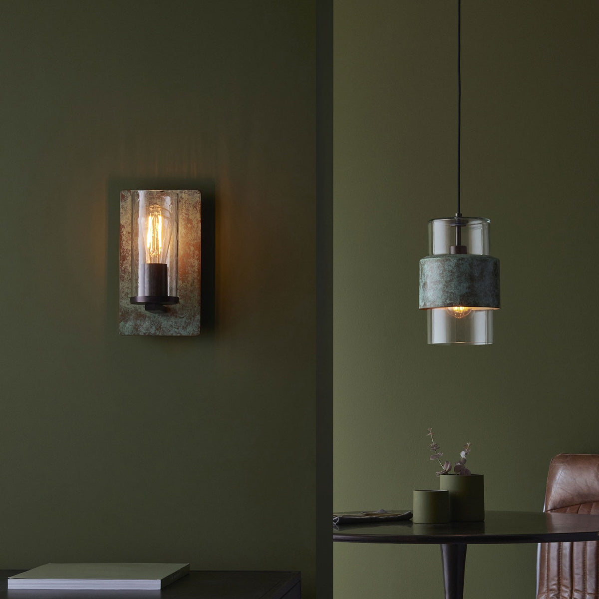 Chiswell Pendant in Verdigris Bronze & Clear Glass