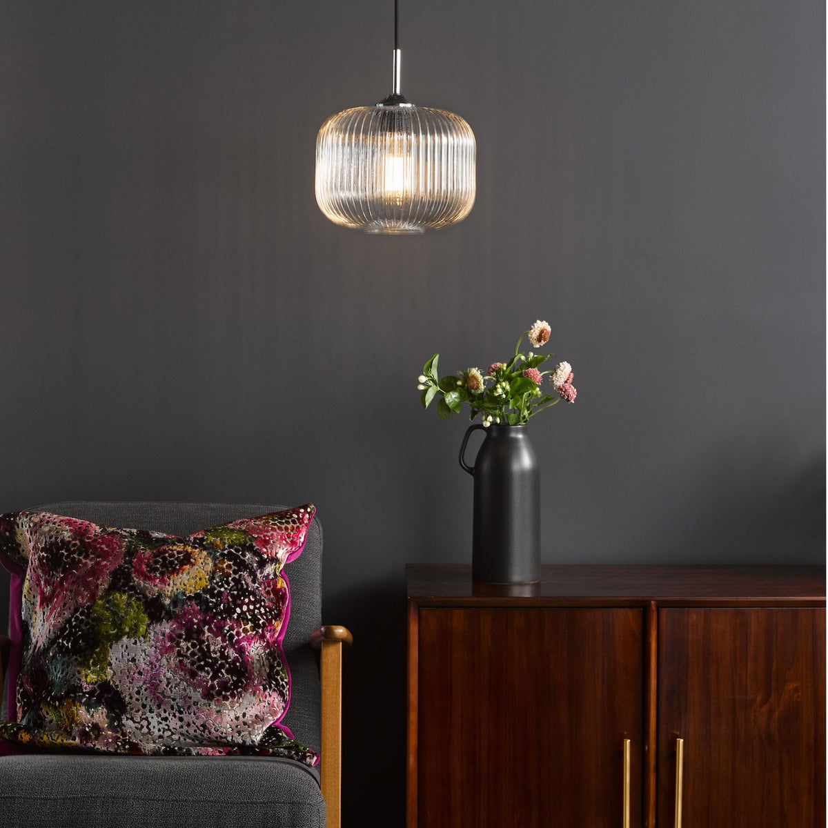 Demarius Single Pendant In Polished Chrome With Ribbed Glass Shade