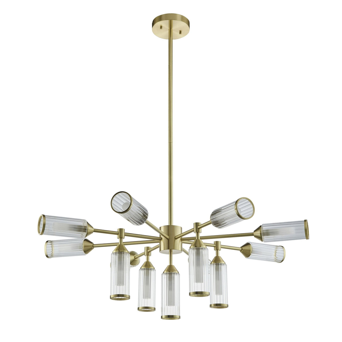 A modern gold chandelier with clear and ribbed glass shades on a white background.