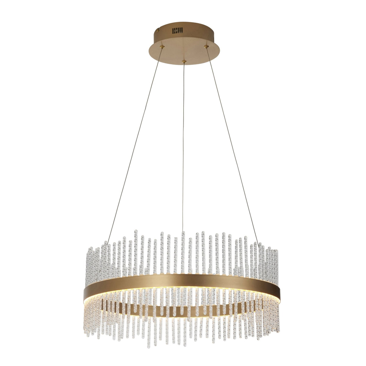 A gold-finished circular chandelier with rows of clear, ridged glass rods hanging from its frame, on a white background.