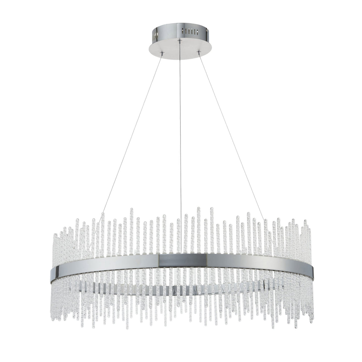 A contemporary crystal chandelier with a silver ring design, hanging from the ceiling on a white background.