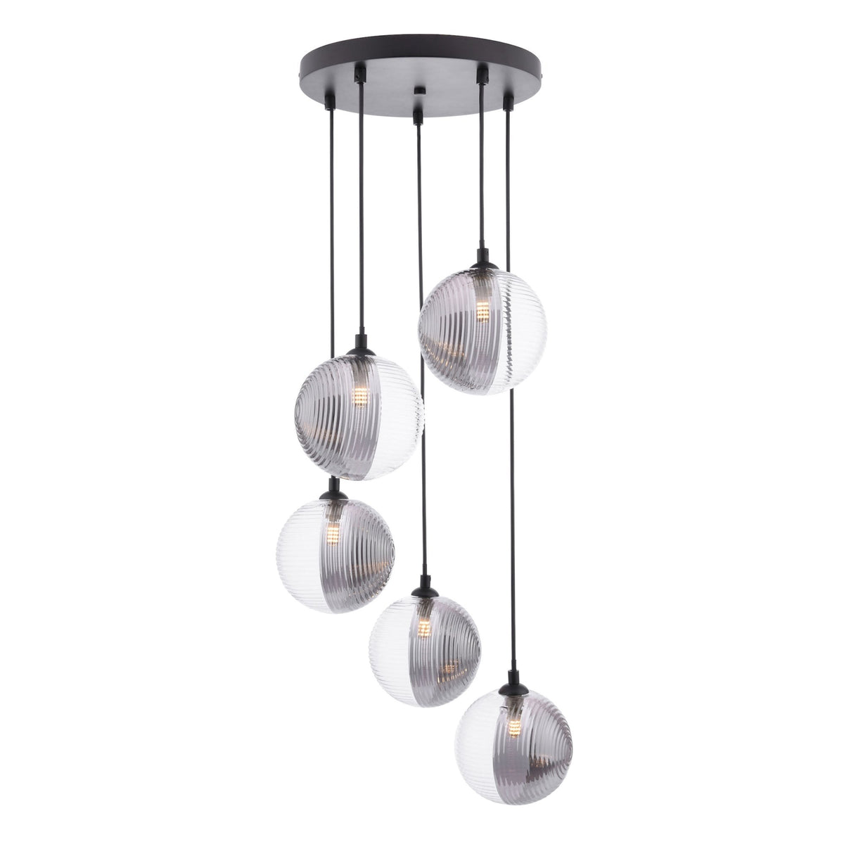 Federico 5 Light Cluster Pendant InMatt Black With Smoked & Clear Ribbed Glass Shades