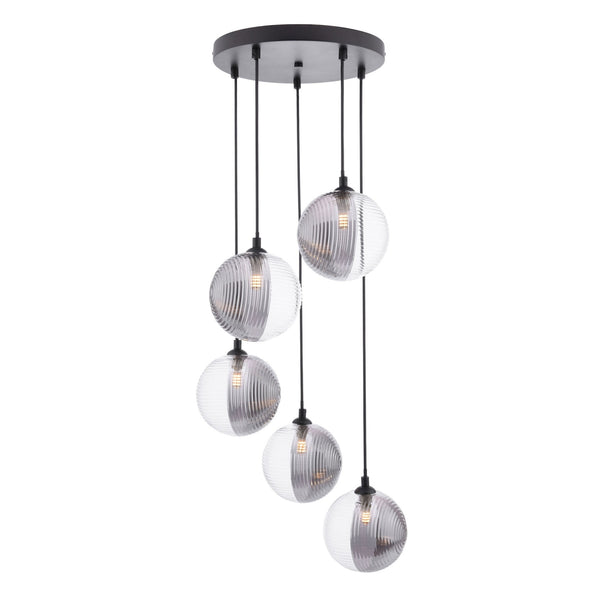 Federico 5 Light Cluster Pendant InMatt Black With Smoked & Clear Ribbed Glass Shades