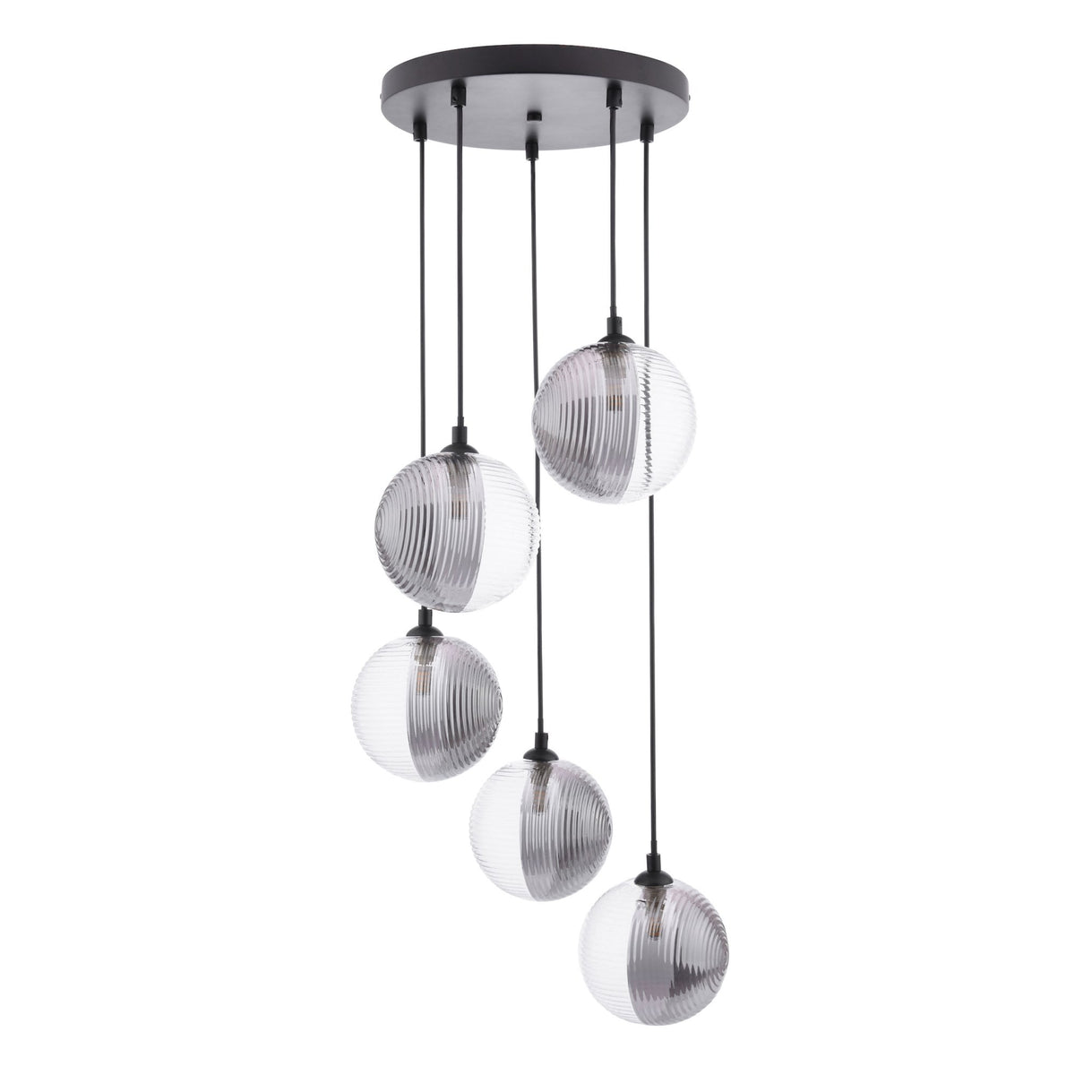 Federico 5 Light Cluster Pendant InMatt Black With Smoked & Clear Ribbed Glass Shades