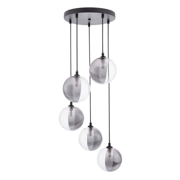 Federico 5 Light Cluster Pendant InMatt Black With Smoked & Clear Ribbed Glass Shades
