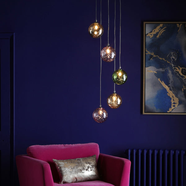 Federico 5 Light Cluster Pendant In Polished Chrome With Mixed Colour Dimpled Glass Shades
