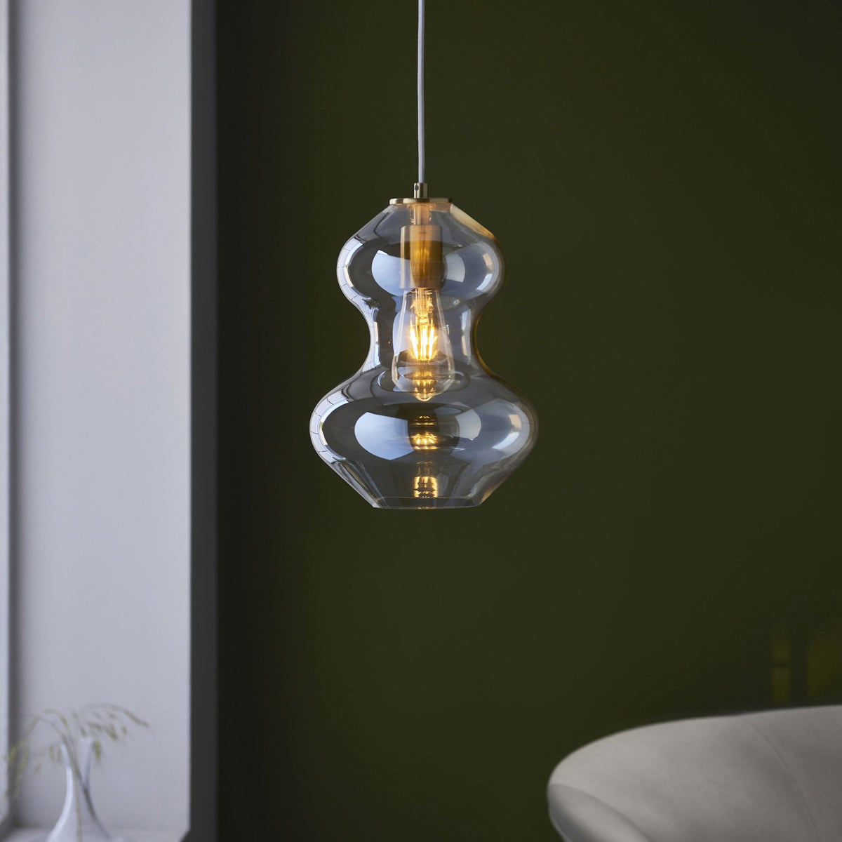 Kelda Shaped Single Pendant with Champagne Lustre Glass and Satin Brass Detailing