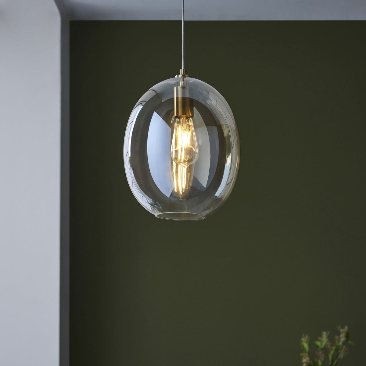Kelda Oval Single Pendant with Champagne Lustre Glass and Satin Brass Detailing