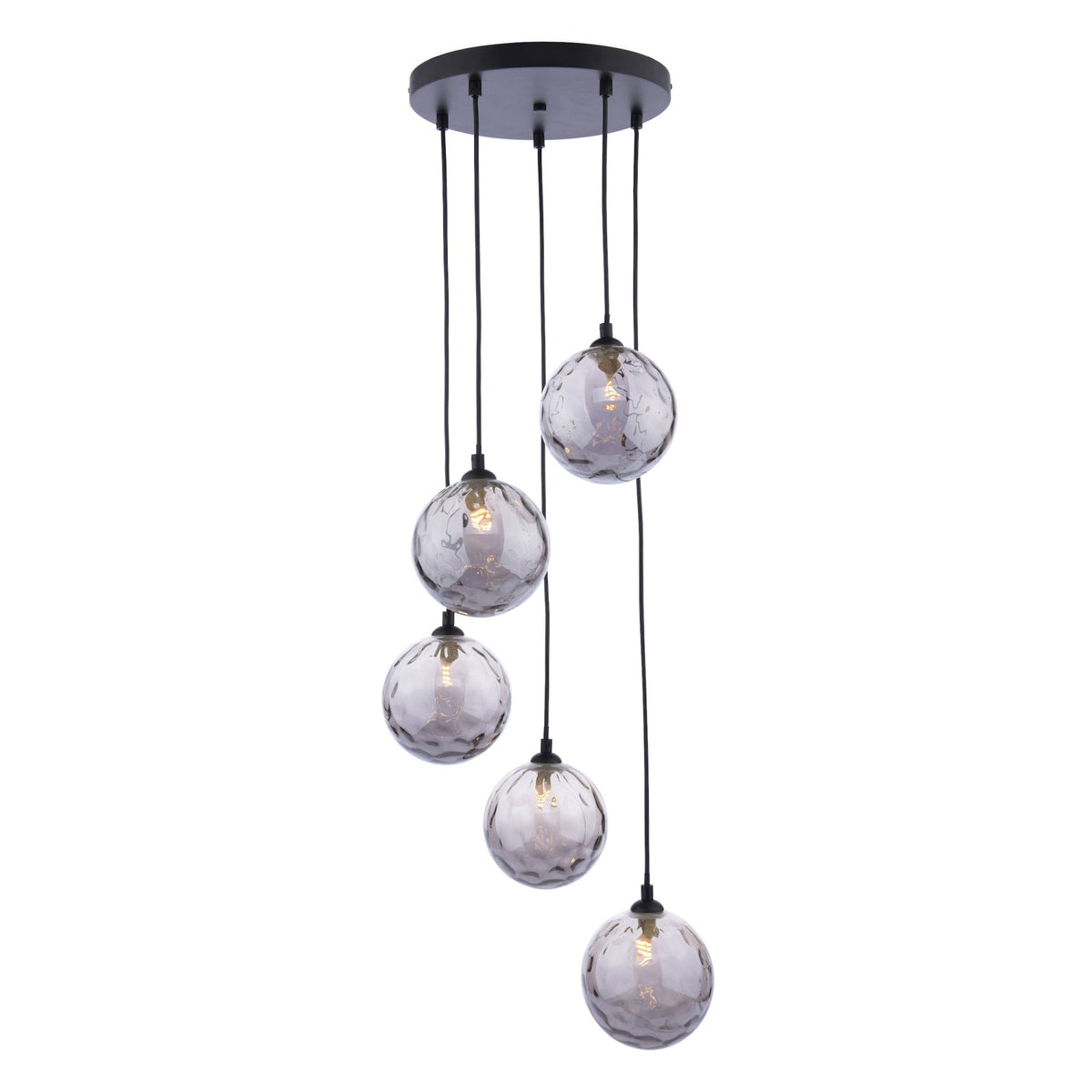 Five glass orb pendant lights with textured surfaces hang from a black ceiling plate.