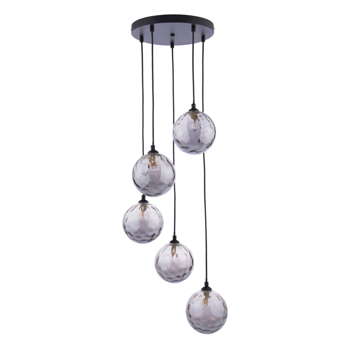 Five glass orb pendant lights with textured surfaces hang from a black ceiling plate.