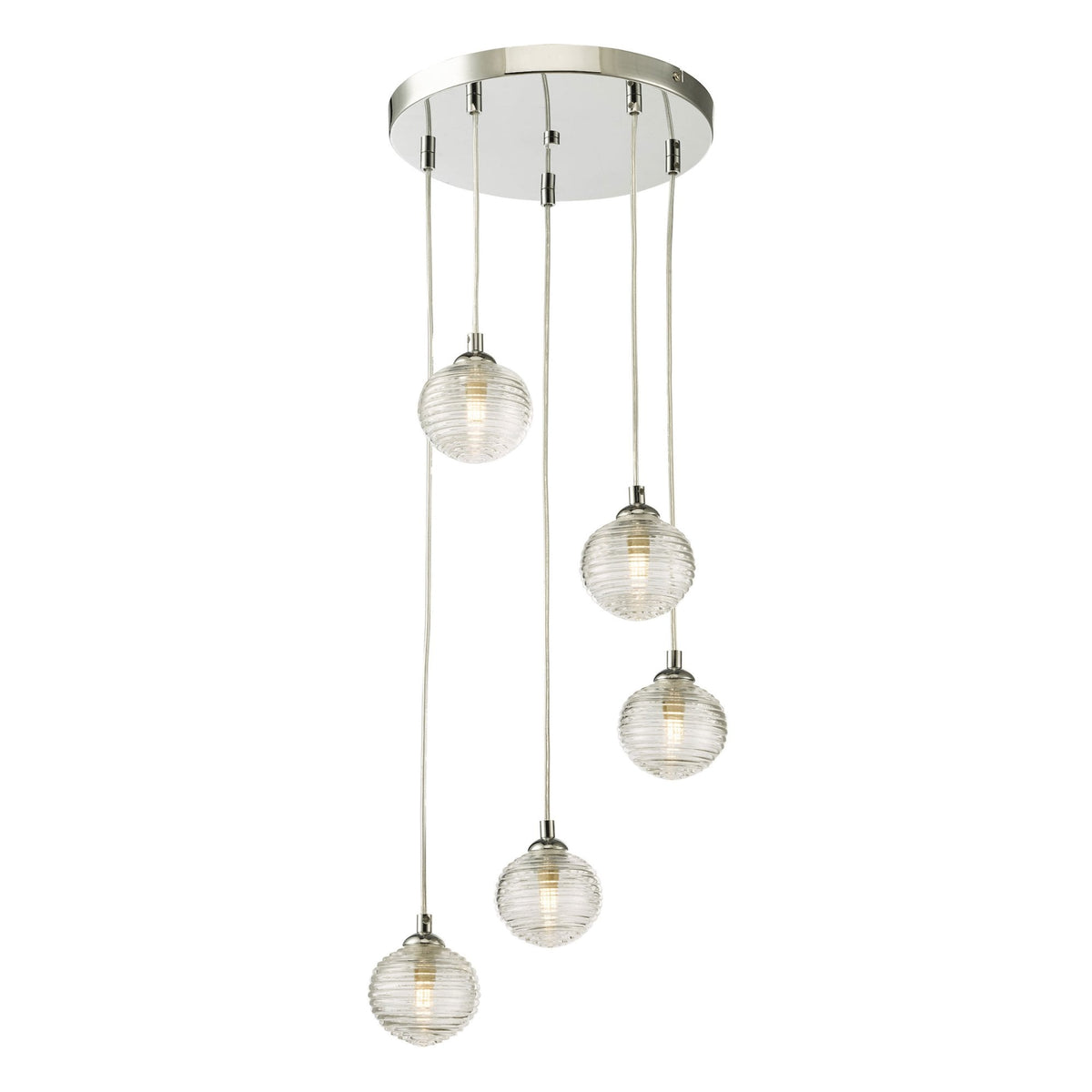 Five clear, ribbed glass globe pendant lights hang from a polished chrome ceiling plate.