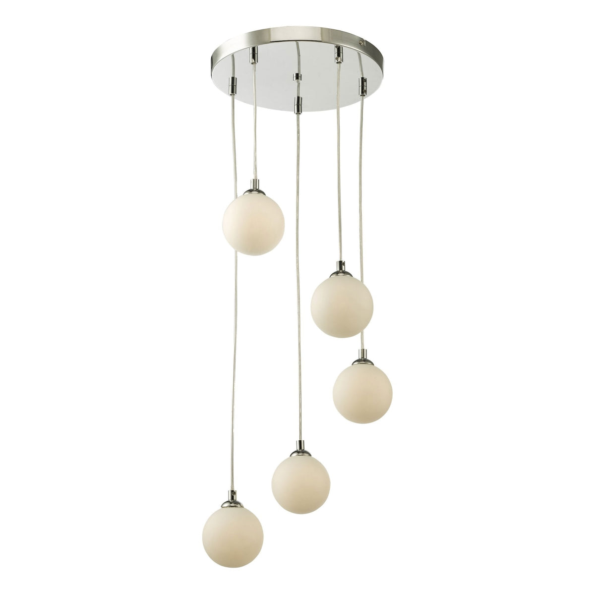 Modern chandelier with five spherical, frosted glass shades hanging at varying lengths from a chrome base.
