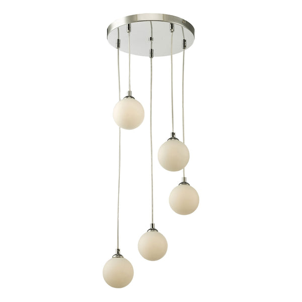 Federico 5 Light Cluster Pendant In Polished Chrome With Opal Glass Shades