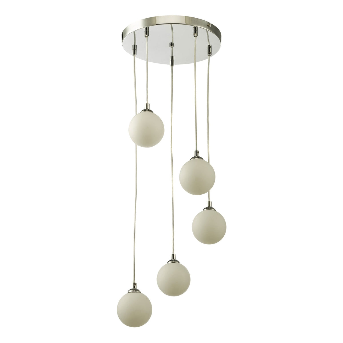 Five white globe pendant lights hanging from a circular chrome base.