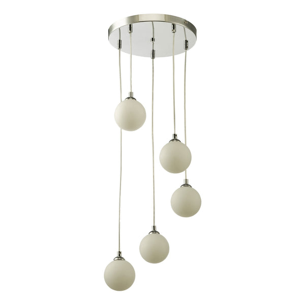 Federico 5 Light Cluster Pendant In Polished Chrome With Opal Glass Shades