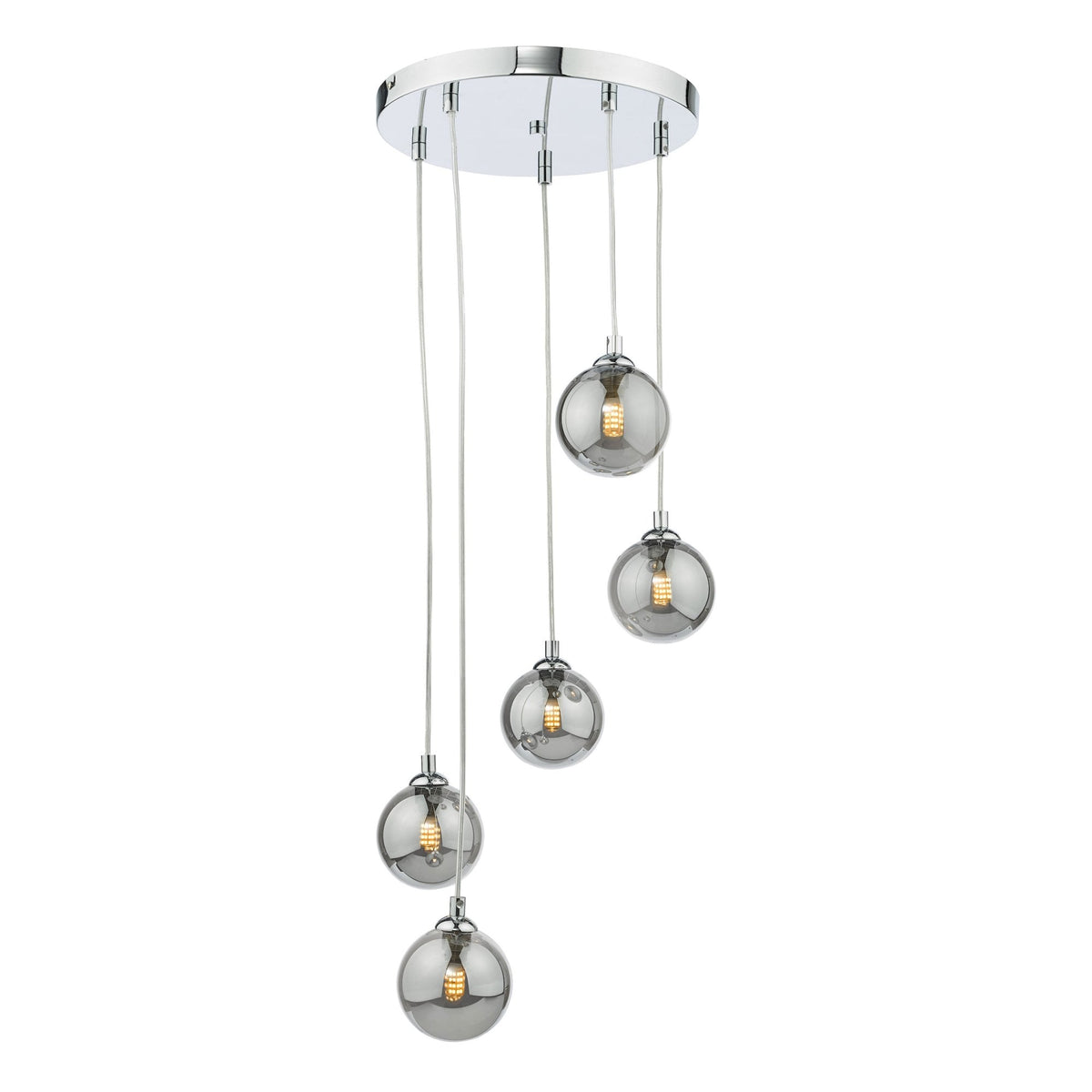 Five chrome and smoked glass pendant lights hang from a round chrome base, with exposed filament bulbs.
