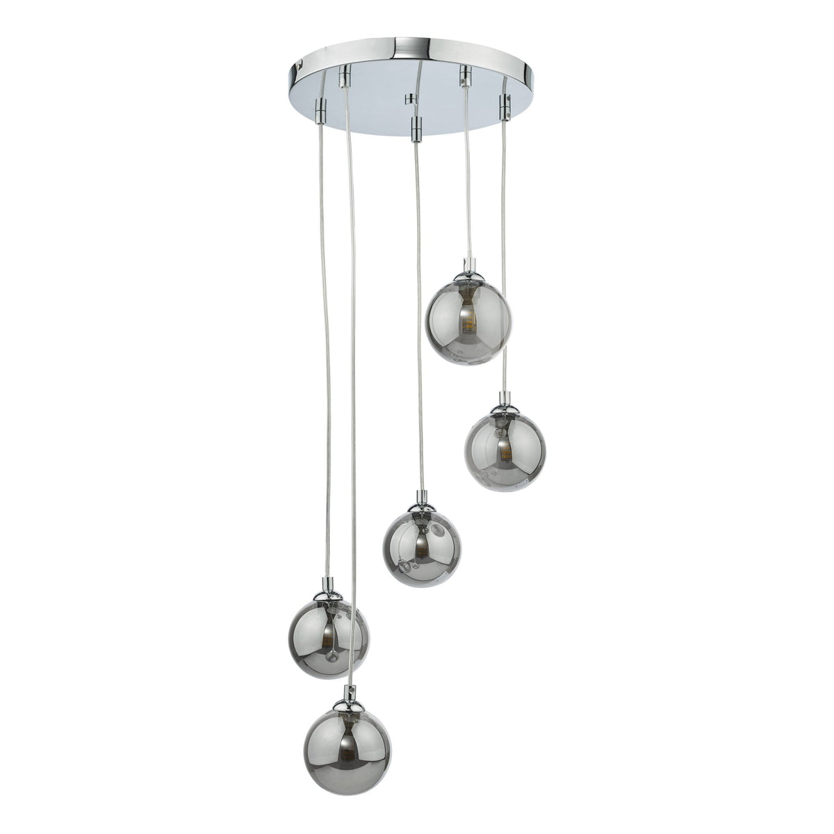 Five chrome-plated glass globe pendant lights hang from a round ceiling fixture.
