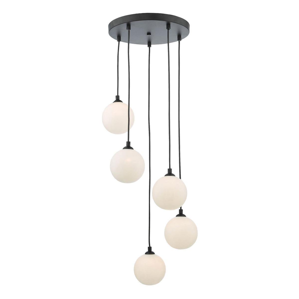 Federico 5 Light Cluster Pendant In Matt Black With Opal Glass Shades