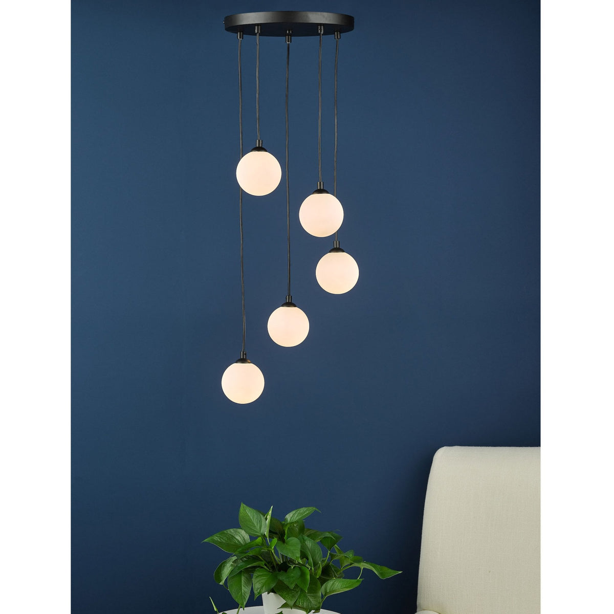 Federico 5 Light Cluster Pendant In Matt Black With Opal Glass Shades