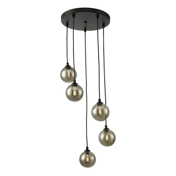 Federico 5 Light Cluster Pendant In Matt Black With Smoked Glass Shades