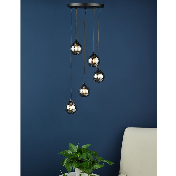 Federico 5 Light Cluster Pendant In Matt Black With Smoked Glass Shades