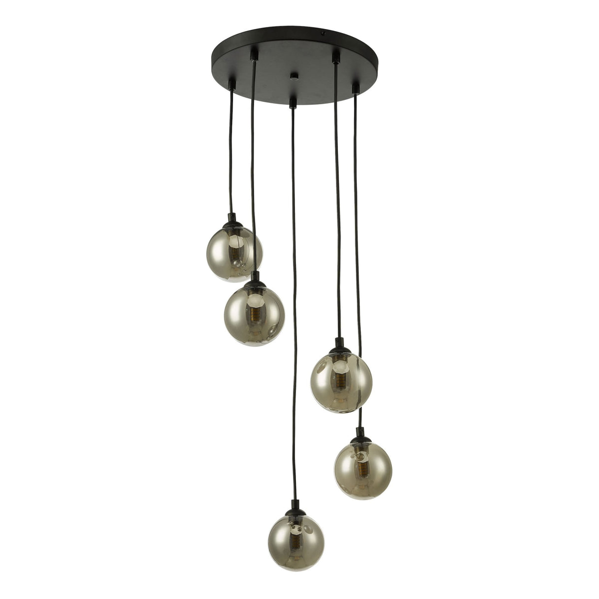 Federico 5 Light Cluster Pendant In Matt Black With Smoked Glass Shades