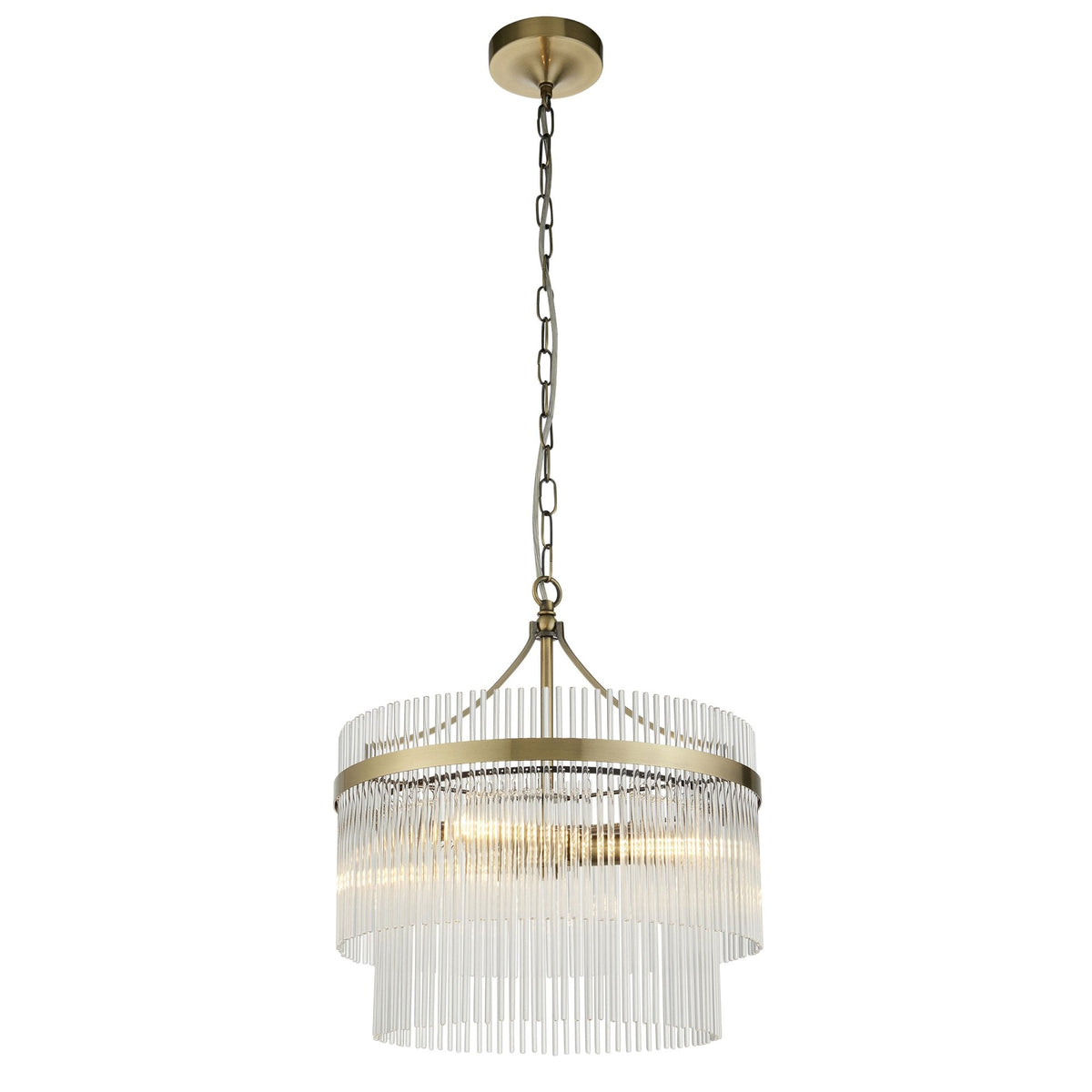 Marietta Three Light Pendant Chandelier in Antique Brass with Clear Glass Rods