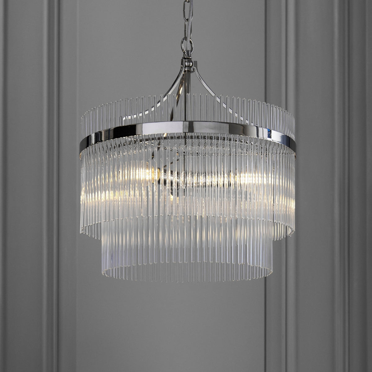 Marietta Three Light Pendant Chandelier in Polished Nickel with Clear Glass Rods