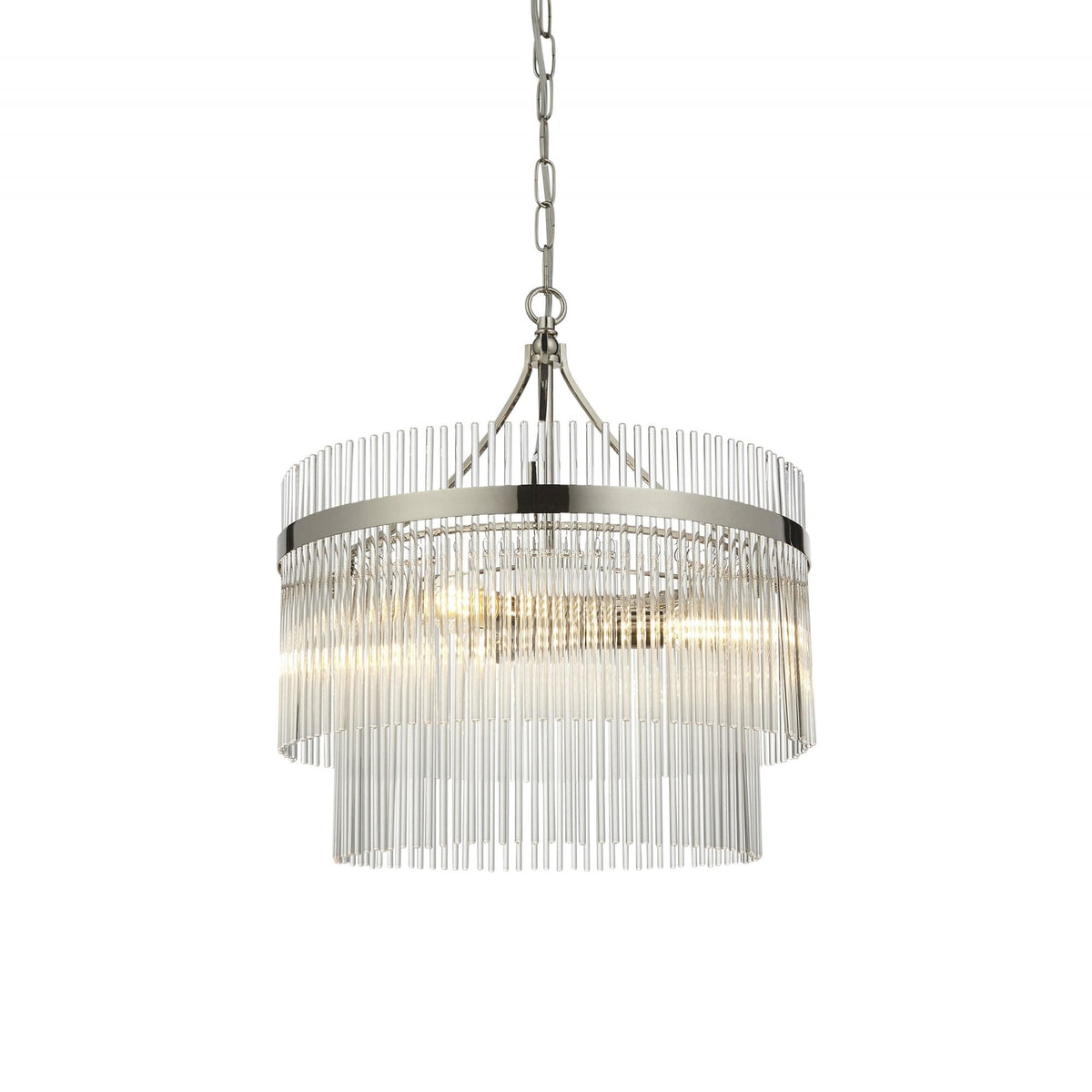 Marietta Three Light Pendant Chandelier in Polished Nickel with Clear Glass Rods