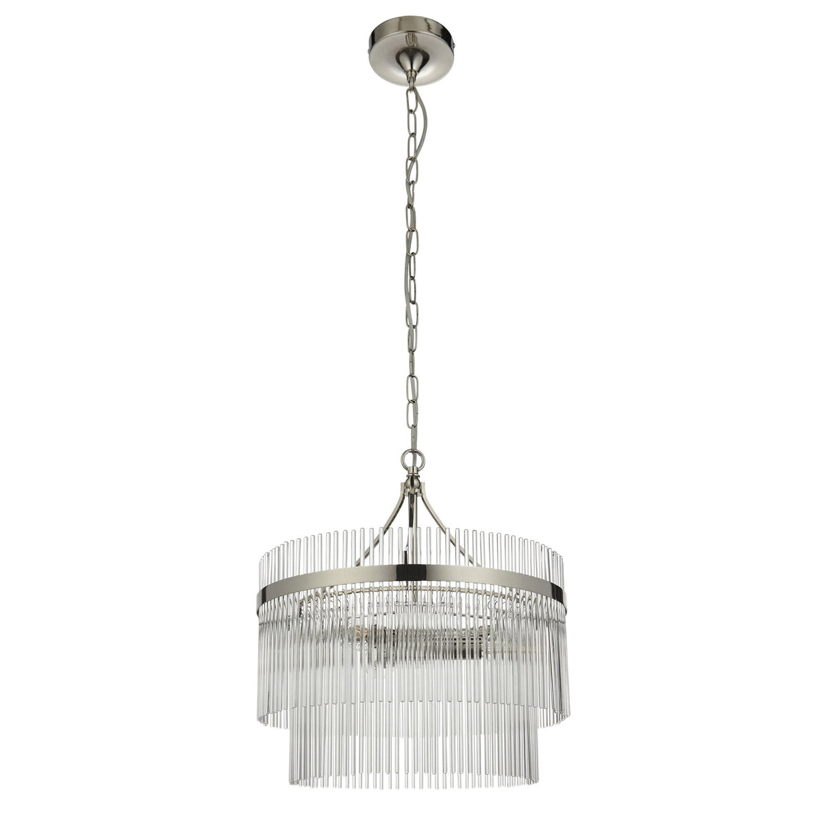 Marietta Three Light Pendant Chandelier in Polished Nickel with Clear Glass Rods