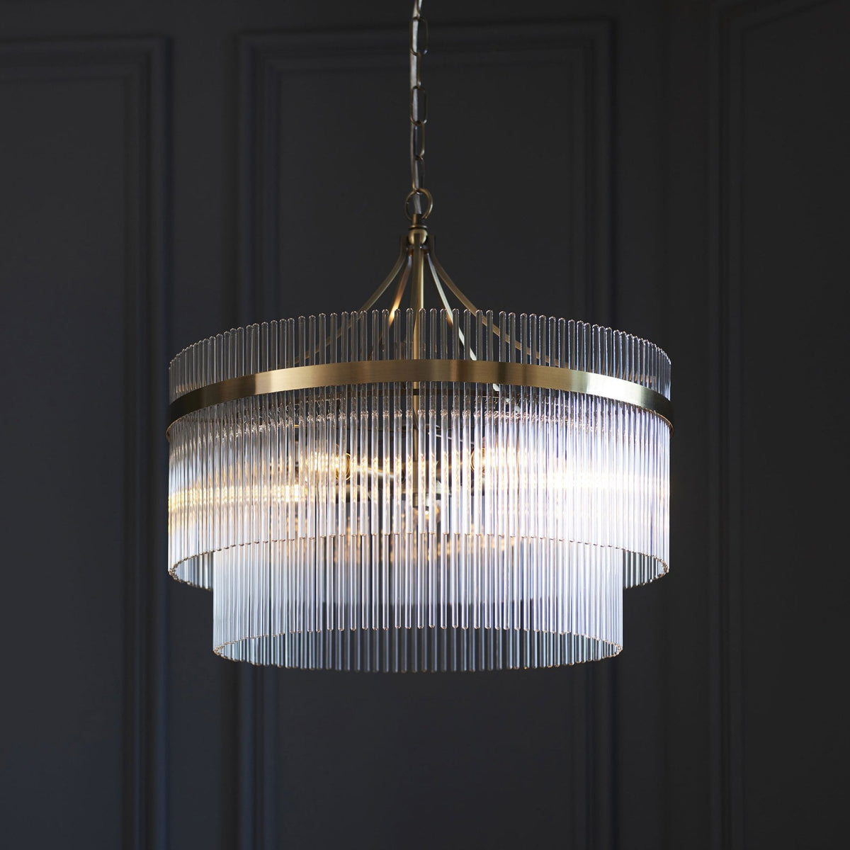 Marietta Five Light Pendant Chandelier in Antique Brass with Clear Glass Rods