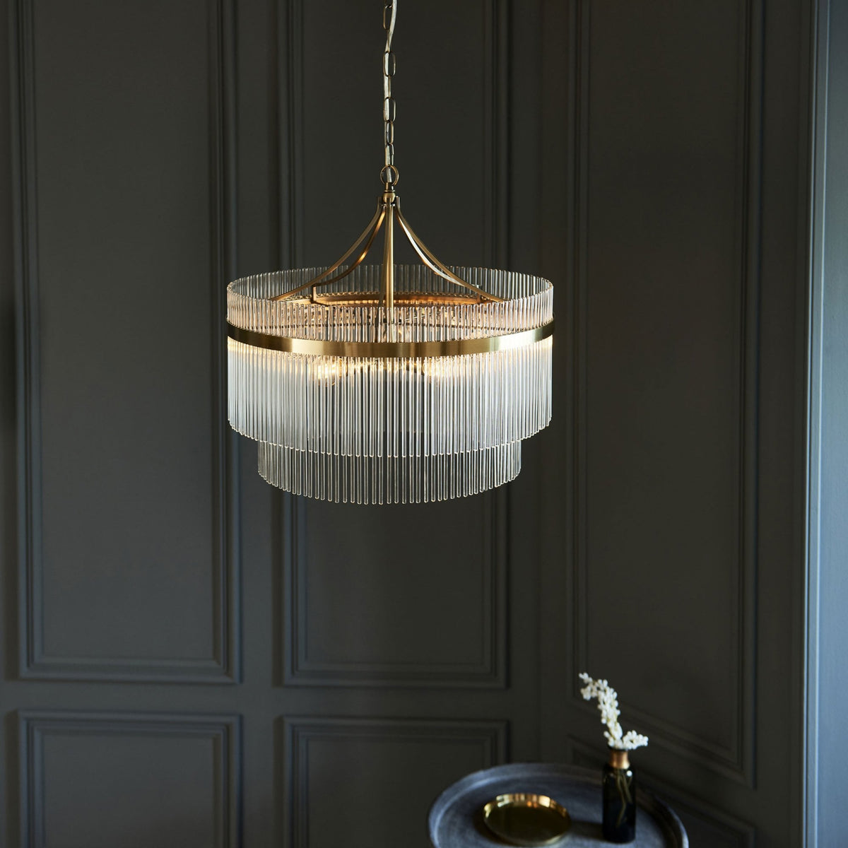 Marietta Five Light Pendant Chandelier in Antique Brass with Clear Glass Rods