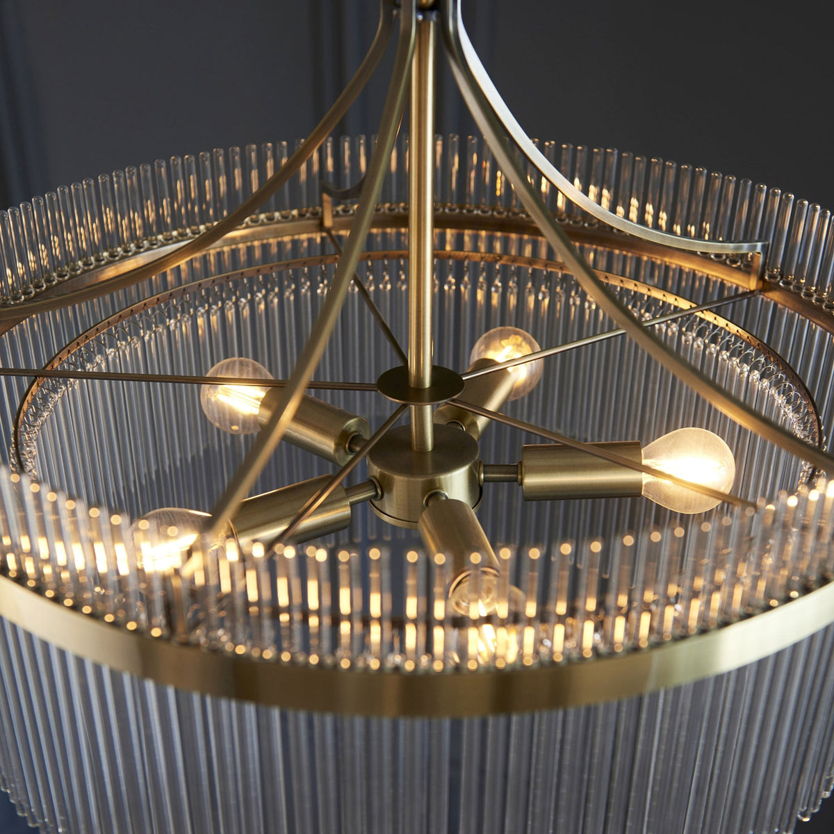 Marietta Five Light Pendant Chandelier in Antique Brass with Clear Glass Rods