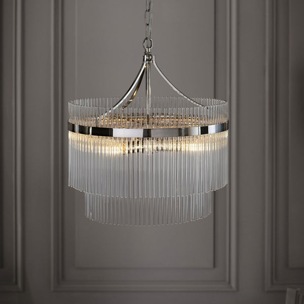 Marietta Five Light Pendant Chandelier in Polished Nickel with Clear Glass Rods