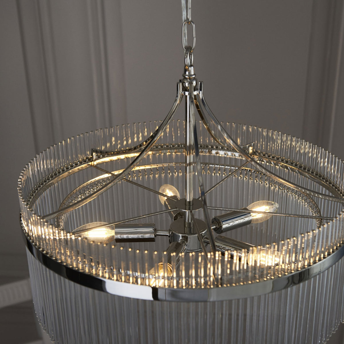 Marietta Five Light Pendant Chandelier in Polished Nickel with Clear Glass Rods