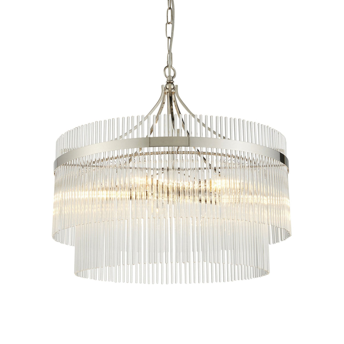 Marietta Five Light Pendant Chandelier in Polished Nickel with Clear Glass Rods
