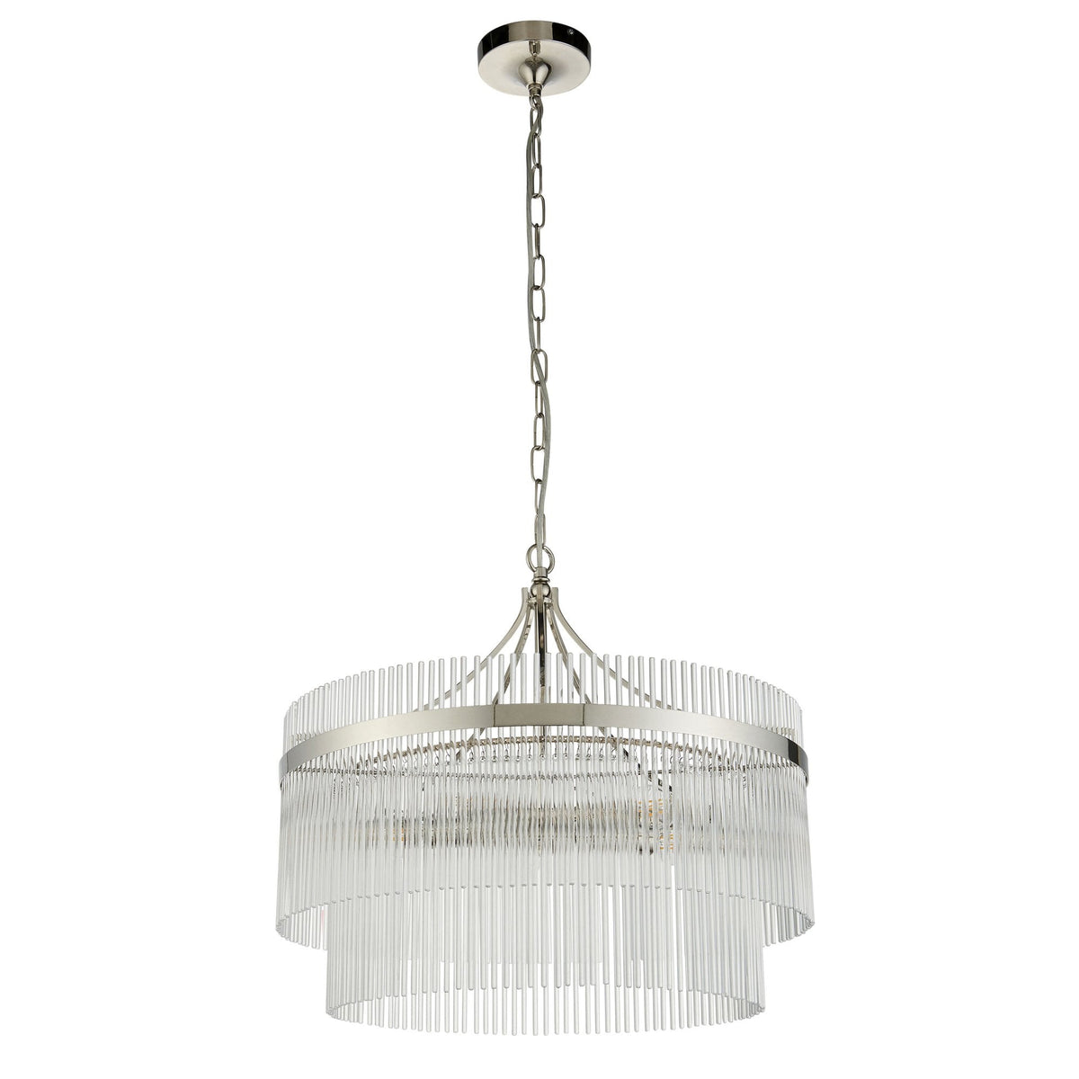Marietta Five Light Pendant Chandelier in Polished Nickel with Clear Glass Rods